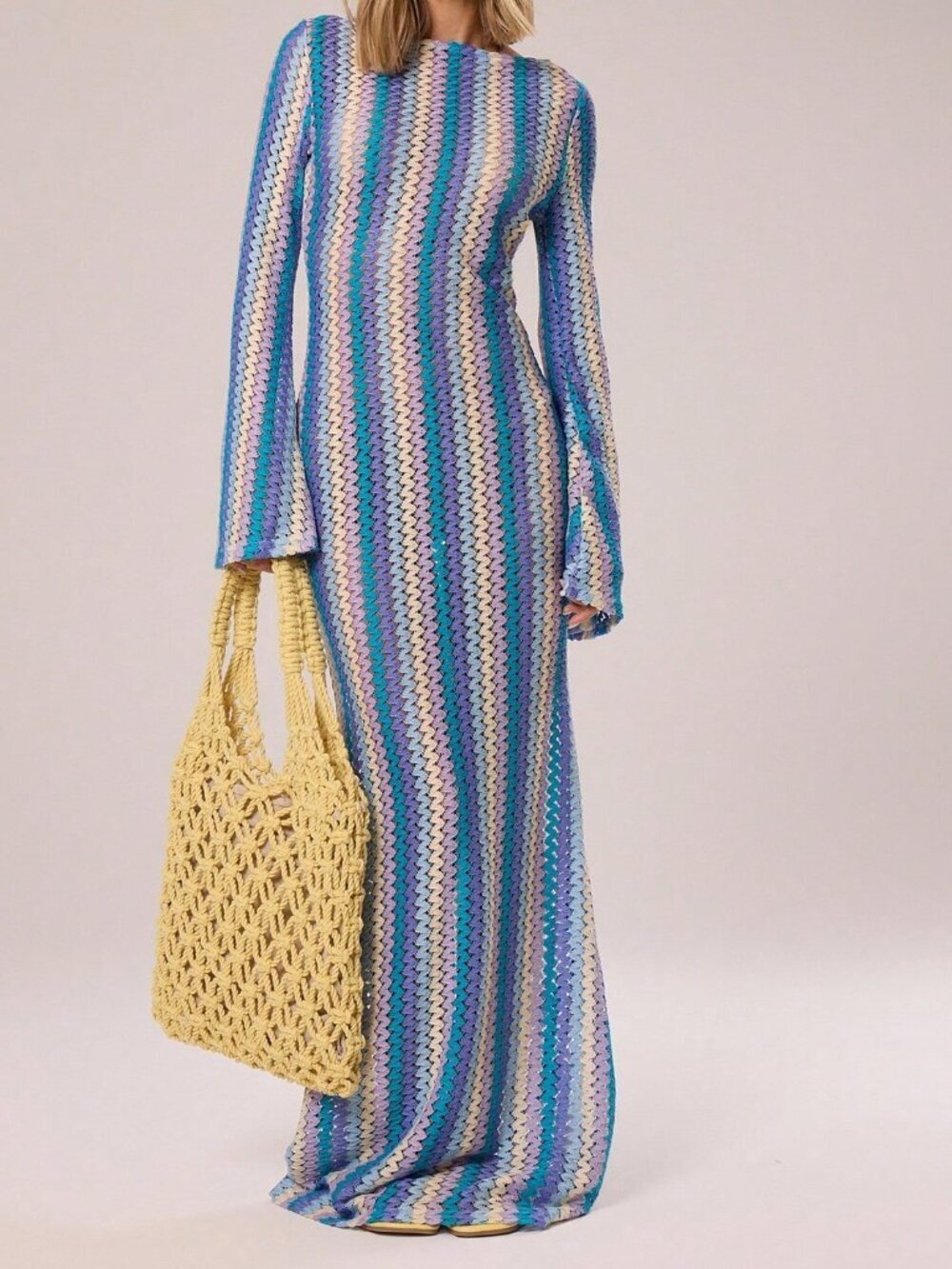 Blue Boho Women's Flared Knit Maxi Dress